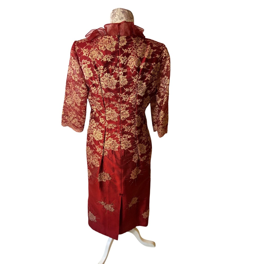 Red Gold Floral Lace Cheongsam Dress Mandarin Collar Style Evening SZ 6/8 - Picture 3 of 15